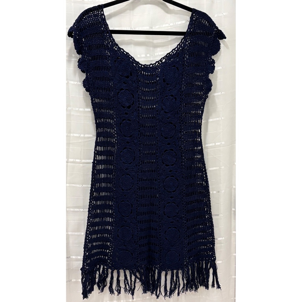 NavyBlue Crochet Mini Dress Fringe Hem Floral Knit Beach CoverUp Boho Sleeveless